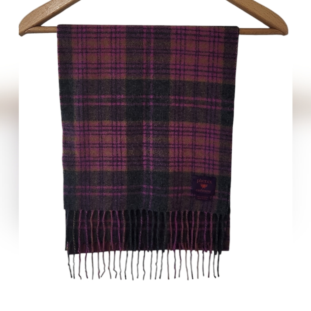 Phenix Cashmere Pink and Green Plaid Scarf. Size 11x60"